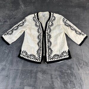 Linea Louis Dell'Olio Blazer Jacket SZ L 100% Linen Embroidered Artsy Lagenlook